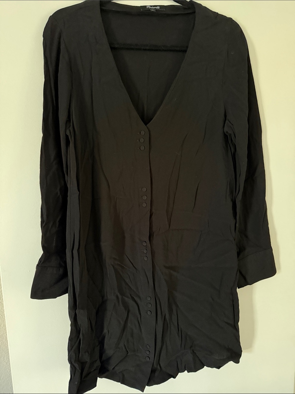 Madewell Black V‑Neck Mini Dress with Front Buttons